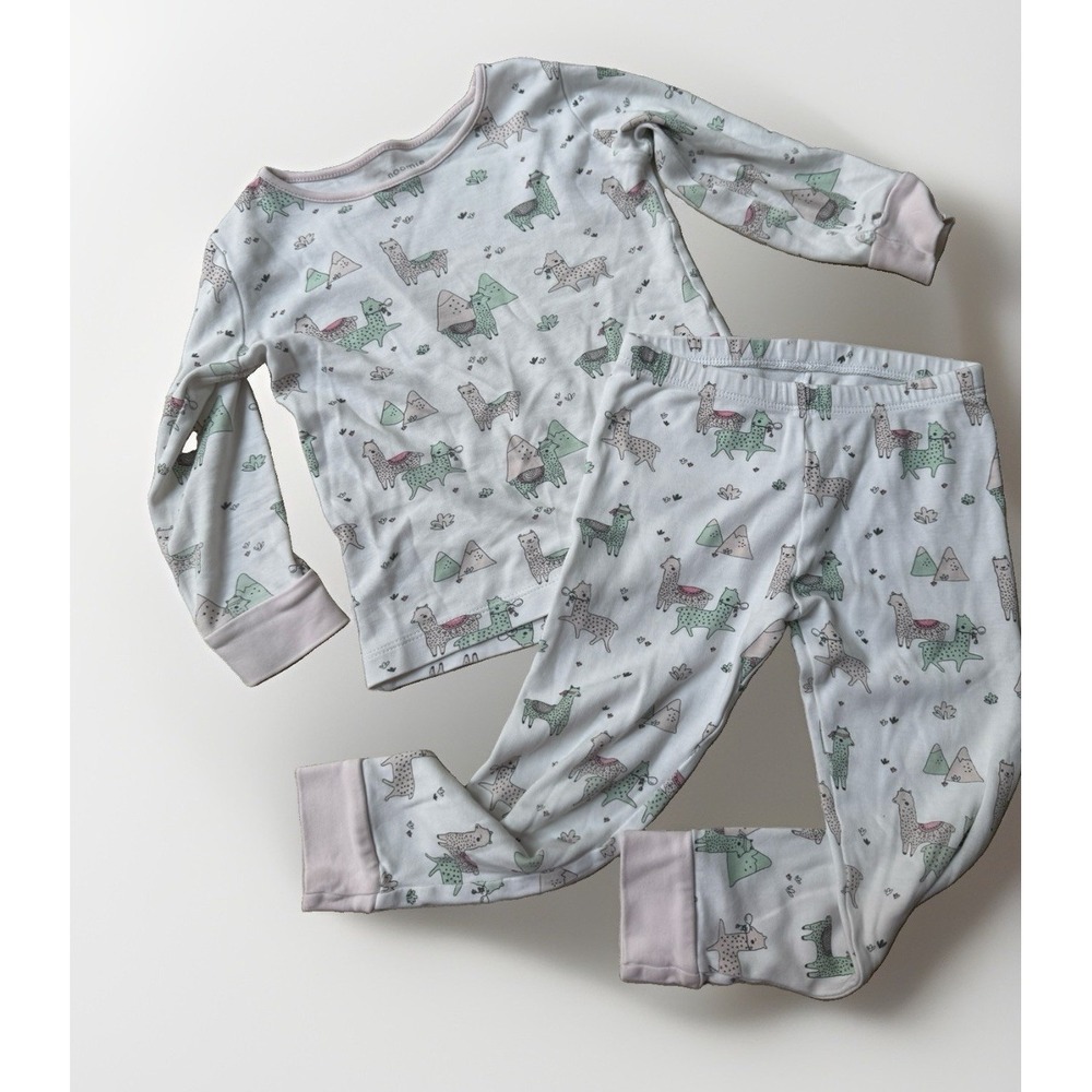 Noomie White Pink Llamas  Peruvian Pima Cotton Knit PJ Top & Pants-3t‎ FLAW